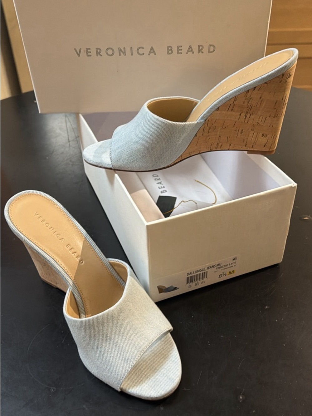 Veronica Beard Light Blue Denim Cork Wedge Mules